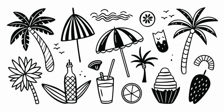Whimsical hand-drawn summer beach elements tropical palm trees umbrellas and drinks set