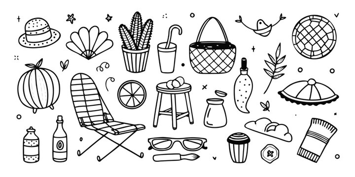 Whimsical hand drawn summer picnic elements and beach accessories collection - Powered by Adobe