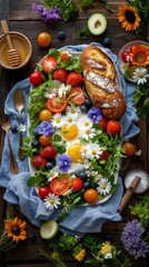Wooden table displaying vibrant breakfast scene, golden fried eggs garnished with edible flowers, ripe strawberries, tomatoes, blueberries, breakfast