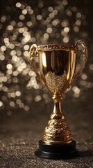 Vertical portrait of a golden trophy sparkling on velvet, overhead light and bokeh bloom