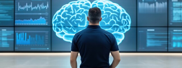 Man Analyzing Brain Visualization on Digital Screens in Modern Office