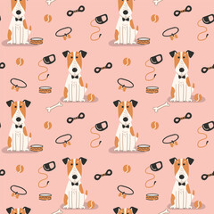 A seamless pattern featuring a Jack Russell terrier wearing a bow tie and sitting among his toys. Perfect for flat-style dog grooming designs.