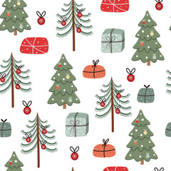 A seamless pattern with stylized Christmas trees and gifts on a white background. Hand-drawn in a flat style.