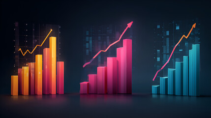 Three colorful bar graphs with upward trending lines against a dark background showing growth