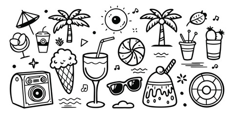 Summer beach vacation icons tropical vibes palm trees ice cream drinks sunglasses and music nostalgia