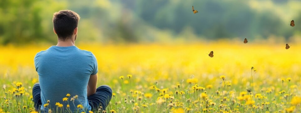 Fototapeta Young Man in Blue Shirt Sitting in Field of Yellow Dandelions