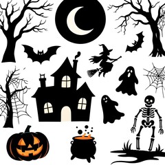 set of halloween elements | Spooky Halloween Silhouettes with Haunted House, Bats, Ghosts, and Pumpkin