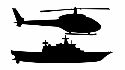 Fototapeta premium Silhouette of a helicopter in flight above a ship at sea on a white background in a simple illustration