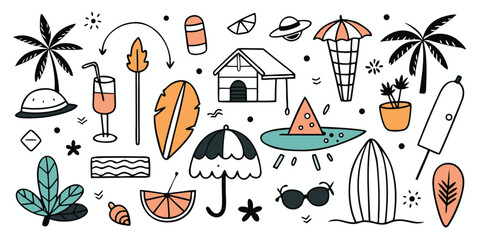 Whimsical summer beach icons collection fun tropical vacation graphics collection