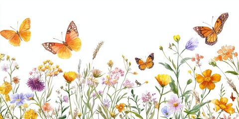 Obraz premium A seamless pattern with watercolor wildflowers and butterflies