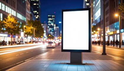 Urban Night Scene with Blank Billboard for Advertising