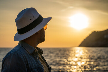 Hombre con sombrero mirando el horizonte marino al atardecer, inspirando clama y reflexi&oacute;n