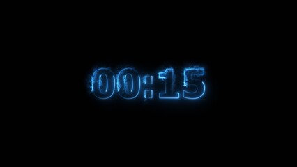Countdown 15 second neon bright royal blue color 4k illustration. black background 4k illustration.
