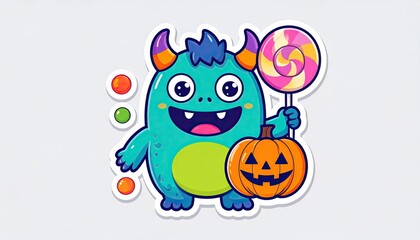 Fototapeta premium Cute Halloween monster cartoon, funny Halloween sticker design, adorable Halloween creature with pumpkin and candy, Cute Halloween Monster with Pumpkin and Lollipop, Halloween sticker packs