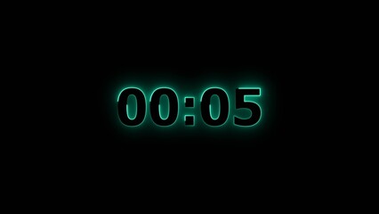 Countdown 5 second neon bright cyan color 4k illustration. black background 4k illustration.
