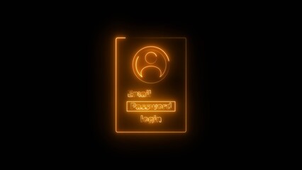 Simple login interface design with icon email and password fields and login button neon bright orange color animation. black background 4k video.
