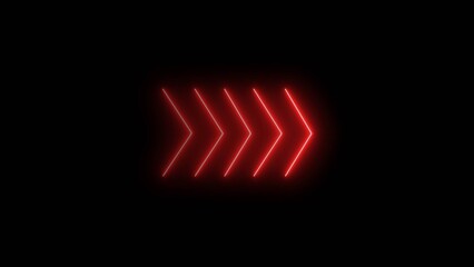 Neon arrow line bright movement red color 4k illustration. black background 4k illustration.
