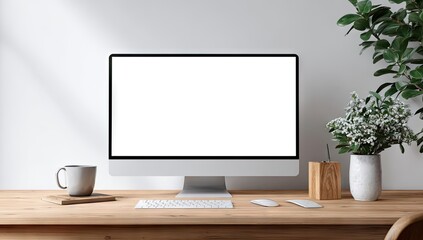 Modern Workspace with Computer and Plants.