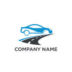 Blue car silhouette on a winding road logo design, symbolizing travel and adventure