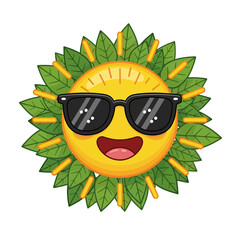 Cheerful sun emoji with sunglasses surrounded by green leaves, symbolizing summer and joy