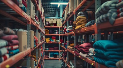 Neatly stacked textiles on warehouse shelves ready for distribution