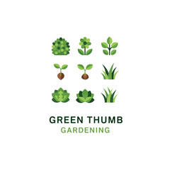 Collection of green gardening icons depicting various plants, leaves, and gardening elements