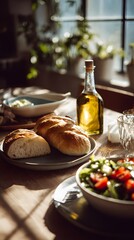 Fresh bread, salad, and olive oil served for a delicious meal