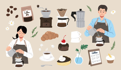 카페에서 사용하는 도구와 디저트 그리고 바리스타