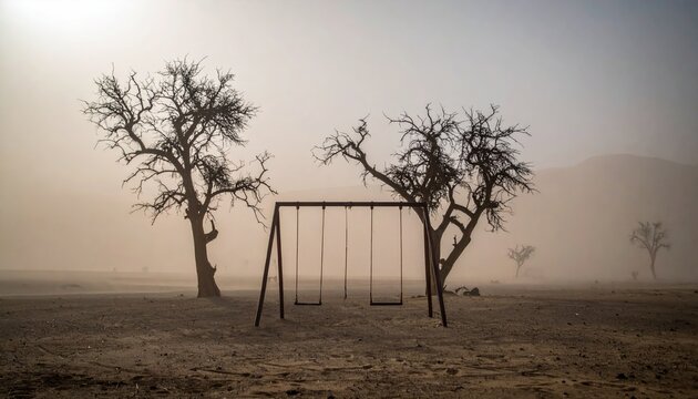 A desolate playground a swing set stands forlorn between two barren trees in a hazy desert landscape, dust swirling