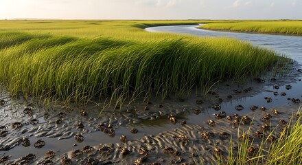 Vibrant Green Salt Marsh Landscape with Winding Tidal Creek and Muddy Foreground, Serene Coastal Wetland Ecosystem