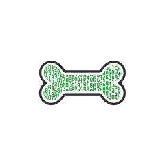 Digital dog bone shape filled with binary code, representing technology in pet care and innovation