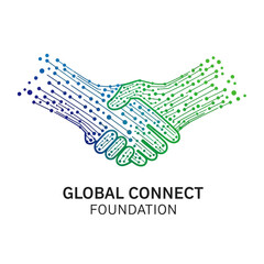 Digital handshake symbolizing collaboration and connection in a global foundation context