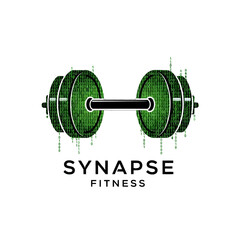 Digital illustration of a green dumbbell with binary code, symbolizing fitness technology and innovation