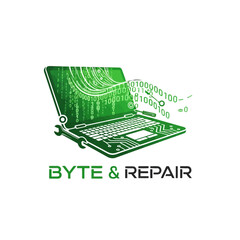 Digital illustration of a laptop with binary code and repair tools, symbolizing tech support services