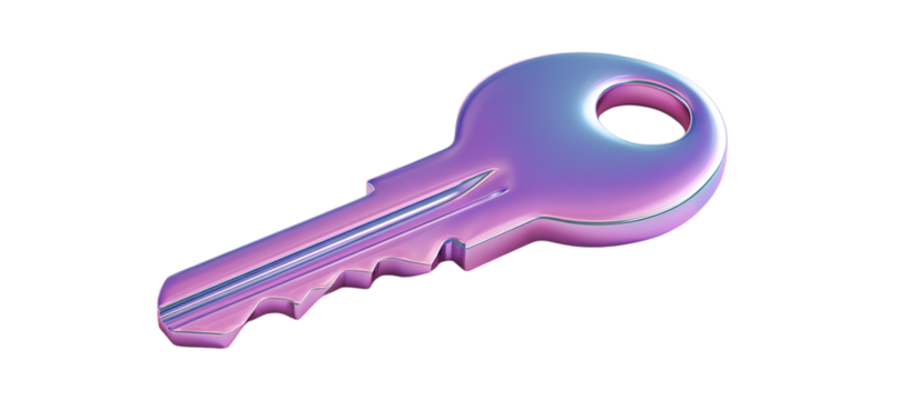 A shiny key with a purple and blue gradient on a isolated on transparent background