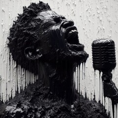 Naklejka premium An expressive figure singing with passion against a textured white background