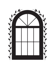 Black window with botanical leafy vine decoration