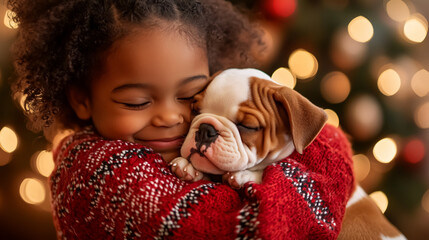 Joyful Child in Festive Sweater Hugging a Bulldog Puppy