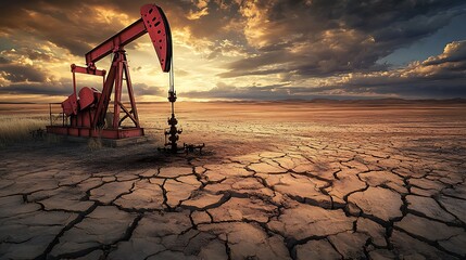 Abandoned oil pumpjack in dry, cracked land