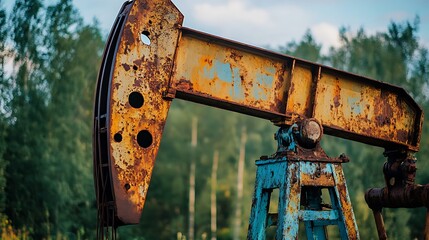 Close-up of rusty pumpjack mechanism with oil stains