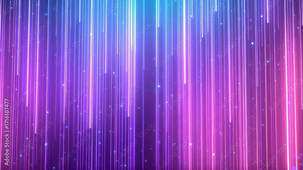 Aufkleber Vibrant energy streams cascading through digital space with glowing particles, creating dynamic visual movement against blurred vertical lines and gradient color transitions. Loop