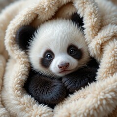 Obraz premium Adorable panda cub snuggled in soft blanket radiating warmth and comfort effortlessly