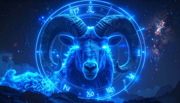 Glowing Blue Aries Zodiac Sign in Space.