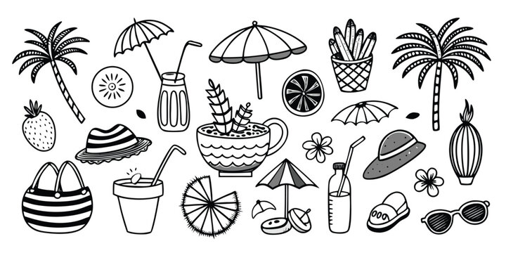 Whimsical hand-drawn beach and summer elements for tropical vacation vibes - Powered by Adobe
