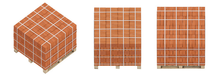 Red clay bricks packing on wooden pallet. Set of orthogonal view at 45 degrees, isolated on a transparent background. 3D illustration.