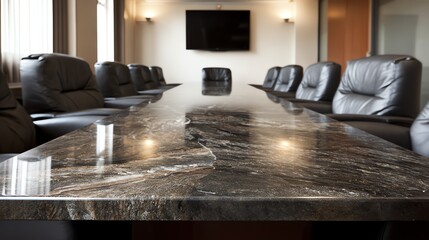 A polished, dark stone conference table dominates the foreground, reflecting the surrounding room with executive chairs and a wall-mounted display, suggesting a formal business setting.