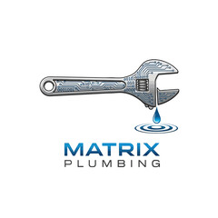 Digital wrench symbolizing modern plumbing services with a tech-inspired design and water drop