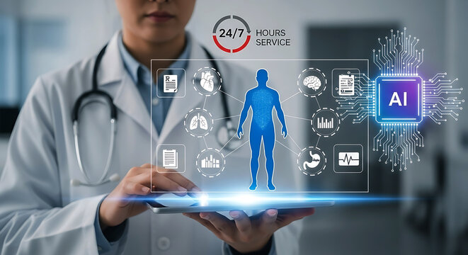 Doctor Using Tablet Displaying AI and Medical Icons Innovating Healthcare with 24 7 Service Providing Advanced Digital Health Solutions