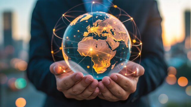Global Connectivity at Hand: A person cradles a glowing globe, symbolizing global connections, data networks, and the interconnectedness of the modern world.