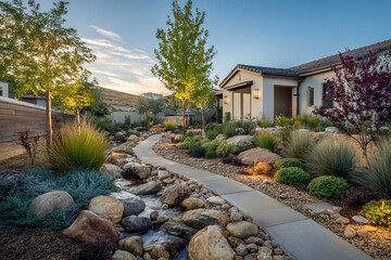 Obraz premium Xeriscape garden with stream and modern house at sunset